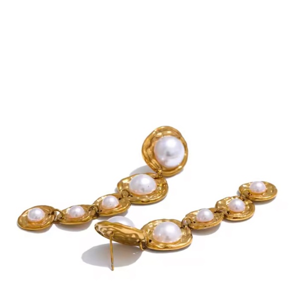 Gold Drop Earrings with Imitation Pearls – Stainless Steel, Real Gold Plated - Picture 6 of 17